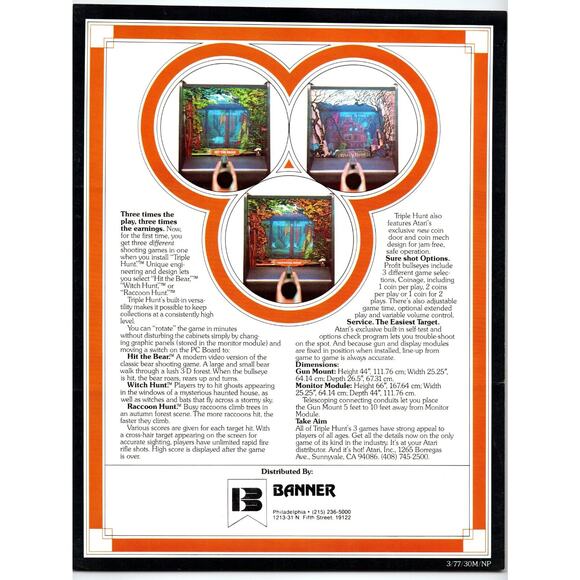TRIPLE HUNT Arcade Game Flyer 1977 Original Vintage Retro 8.5" x 11" Rifle Gun - Picture 2 of 2